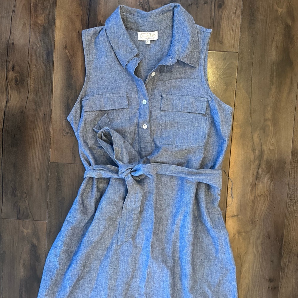 Mud Pie Chambray Belted Midi Dress S | Summer Casual Blue Button Front - Picture 6 of 9